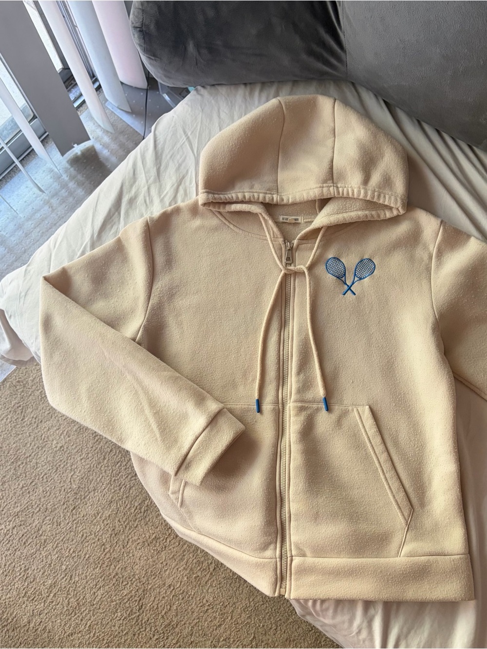 Cream Zip-Up Hoodie with Blue Tennis Embroidery